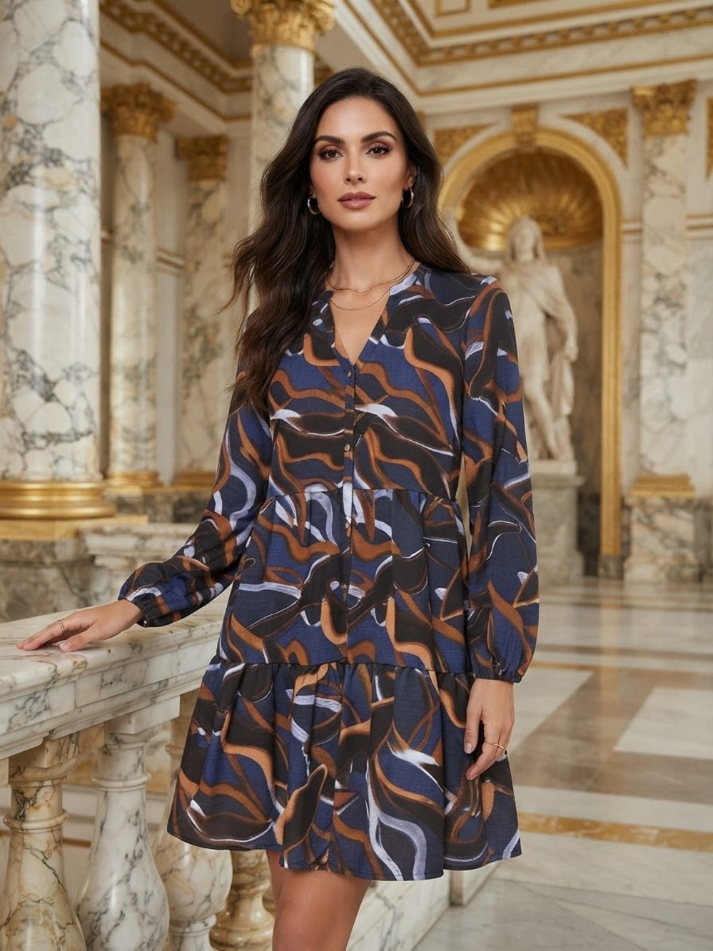 Nine West Abstract Wave Tiered Mini Dress - Navy & Brown